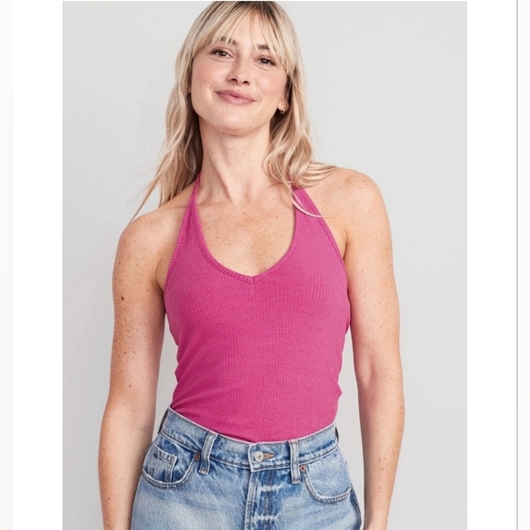 NWT Old Navy Womens Hot Pink Ribbed V-neck Halter Tie Tank Top Built In Bra M - Picture 1 of 14